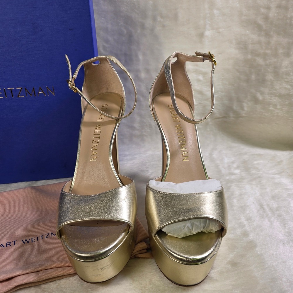 Stuart Weitzman Discoplatform Sandal Gold Metallic Ankle Strap Womens 10 Good - Picture 2 of 9